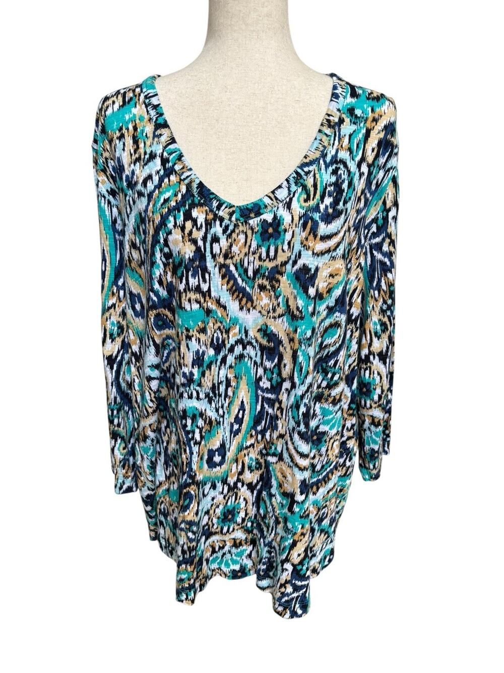 Chicos 3/4 Sleeve V-neck Slub Tee Tunic Top Blue Paisley Print Size 4, 2X